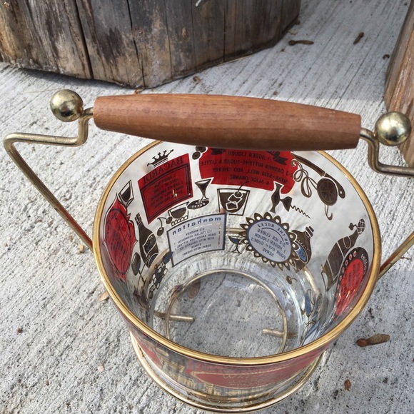 Vintage MCM Jeannette Glass Ice Bucket w/ Brass & Wood Carrier - Picture 5 of 5